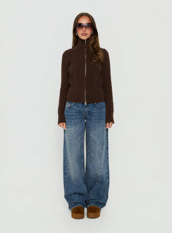 Arletta Cable Knit Zip Through Sweater Brown