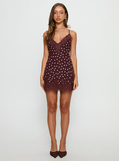 Call My Lover Lace Slip Mini Dress Brown Polka Tall