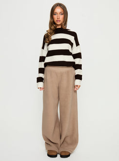 front view of model wearing Princess Polly Siberia Fleece Track Pant Light Brown High Rise Pants 