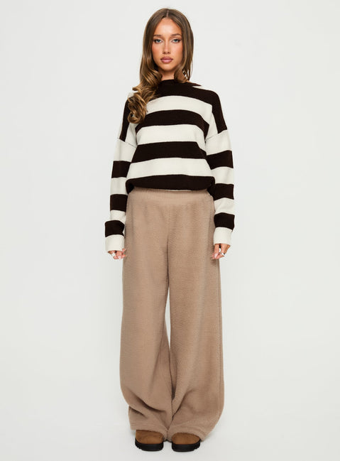 front view of model wearing Princess Polly Siberia Fleece Track Pant Light Brown High Rise Pants 