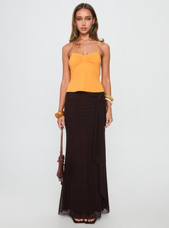   front view of model wearing Princess Polly Caviar Tie Maxi Skirt Chocolate Maxi 