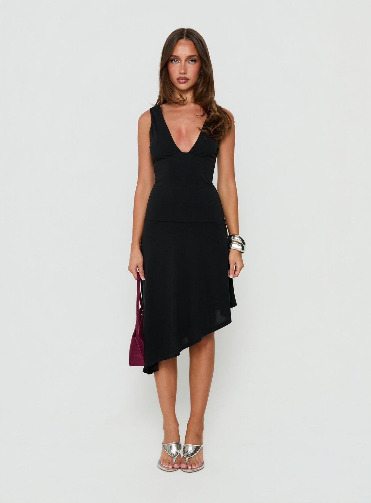 Jordunn Sleeveless Asymmetrical Midi Dress Charcoal