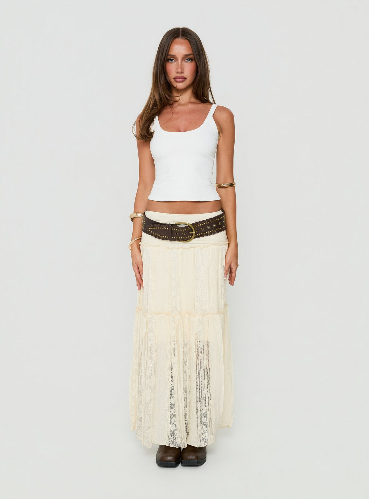 Odiana Lace Tiered Maxi Skirt Cream