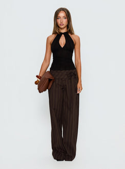front view of model wearing Princess Polly Seneca Wrap Pant Brown Stripe Mid Rise Pants 