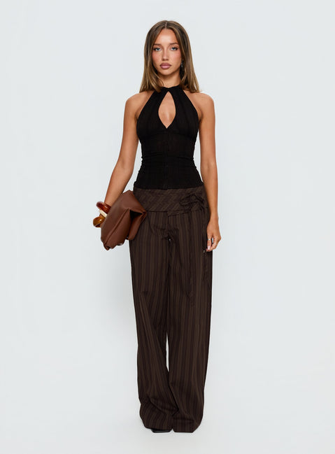front view of model wearing Princess Polly Seneca Wrap Pant Brown Stripe Mid Rise Pants 