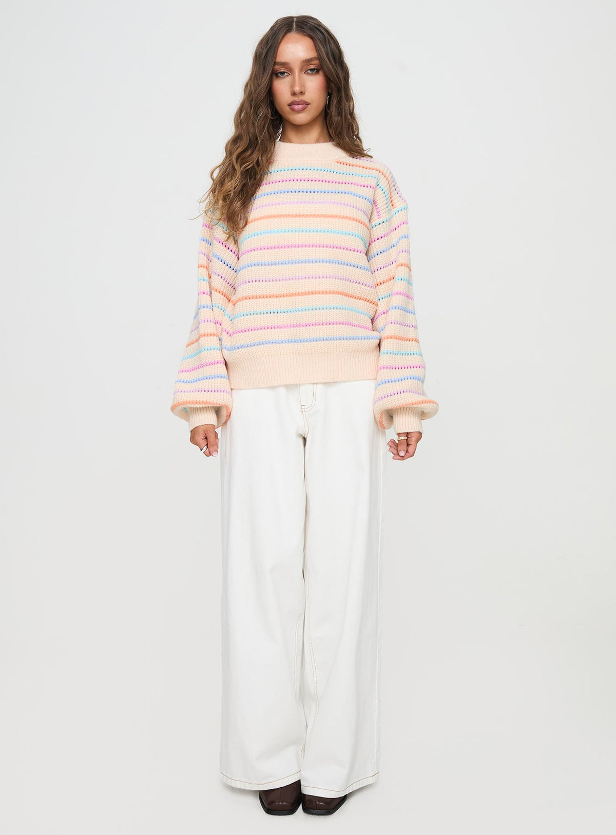 back view of model wearing Princess Polly Harmony Balloon Sleeve Knit Sweater Multi 