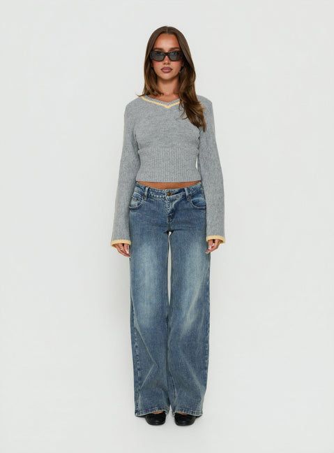 Kaylea Cinched Waist V Neck Knit Sweater Grey / Yellow
