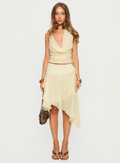   front view of model wearing Princess Polly Evaleine Asymmetrical Chiffon Midi Skirt Baby Yellow 