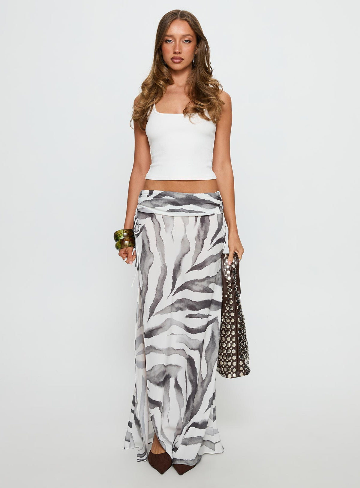   front view of model wearing Princess Polly Kiden Split Maxi Skirt Zebra Maxi Skirts 
