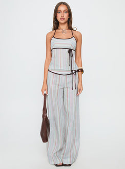 front view of model wearing Princess Polly Taylar Thick Waistband Tie Pants Green Stripe High Waisted Pants 