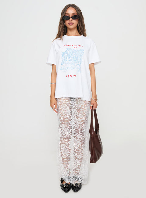   front view of model wearing Princess Polly Lombardio Lace Maxi Skirt White Maxi 