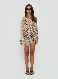 Caija Crochet Embellished Poncho Top Beige