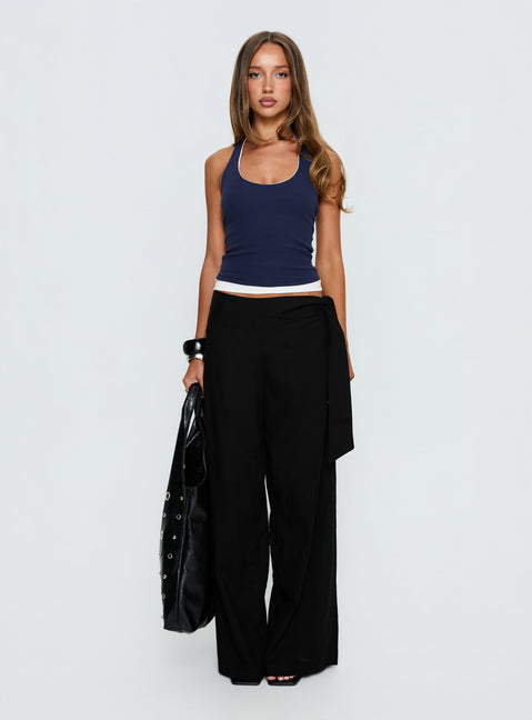 front view of model wearing Princess Polly Wave Dancer Tie Pant Black Mid Rise Pants 