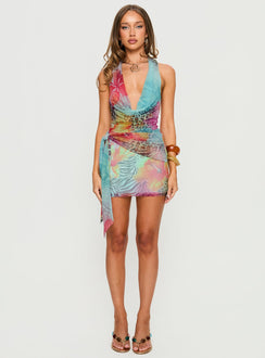 Angel Of Luck Halter Plunge Mini Dress Blue Multi