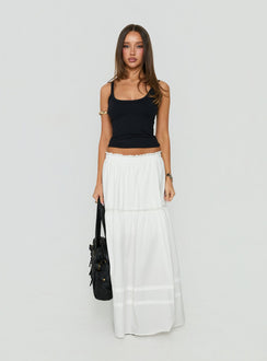 Showcasing the Meanna Tiered Maxi Skirt White in womens-skirts with maxi length front view of model wearing Princess Polly