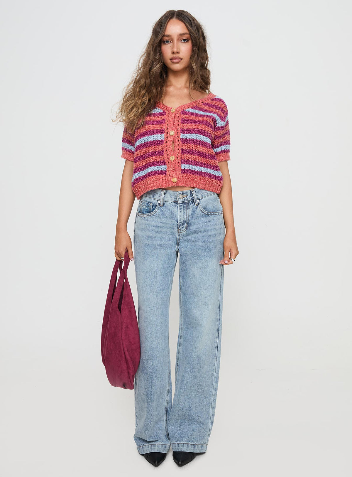 side view of model wearing Princess Polly Compassion Knit Cardigan Multi Cropped Jumpers 
