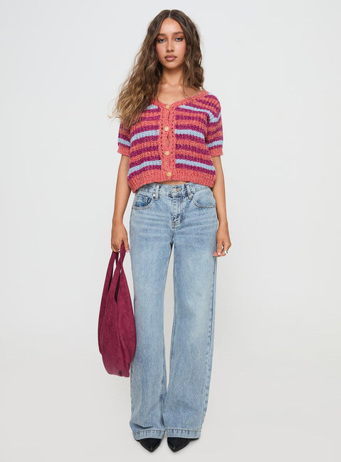 side view of model wearing Princess Polly Compassion Knit Cardigan Multi Cropped Jumpers 