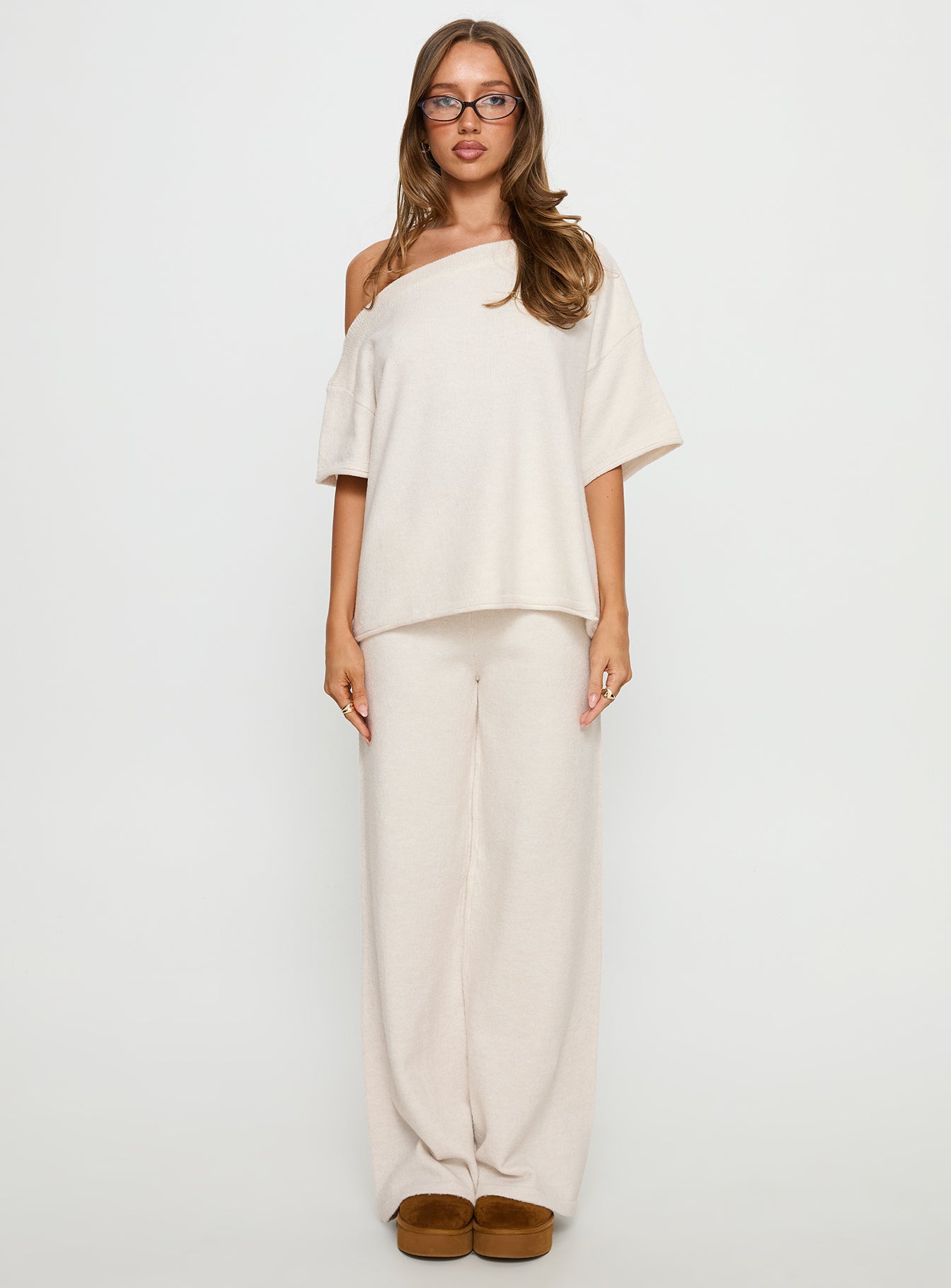 front view of model wearing Princess Polly Bekki Wide Leg Knit Pant Oat High Rise Pants Pants 