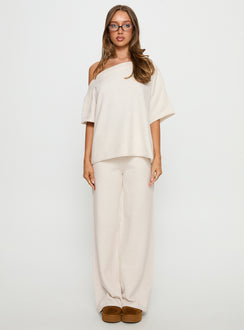 front view of model wearing Princess Polly Bekki Wide Leg Knit Pant Oat High Rise Pants Pants 