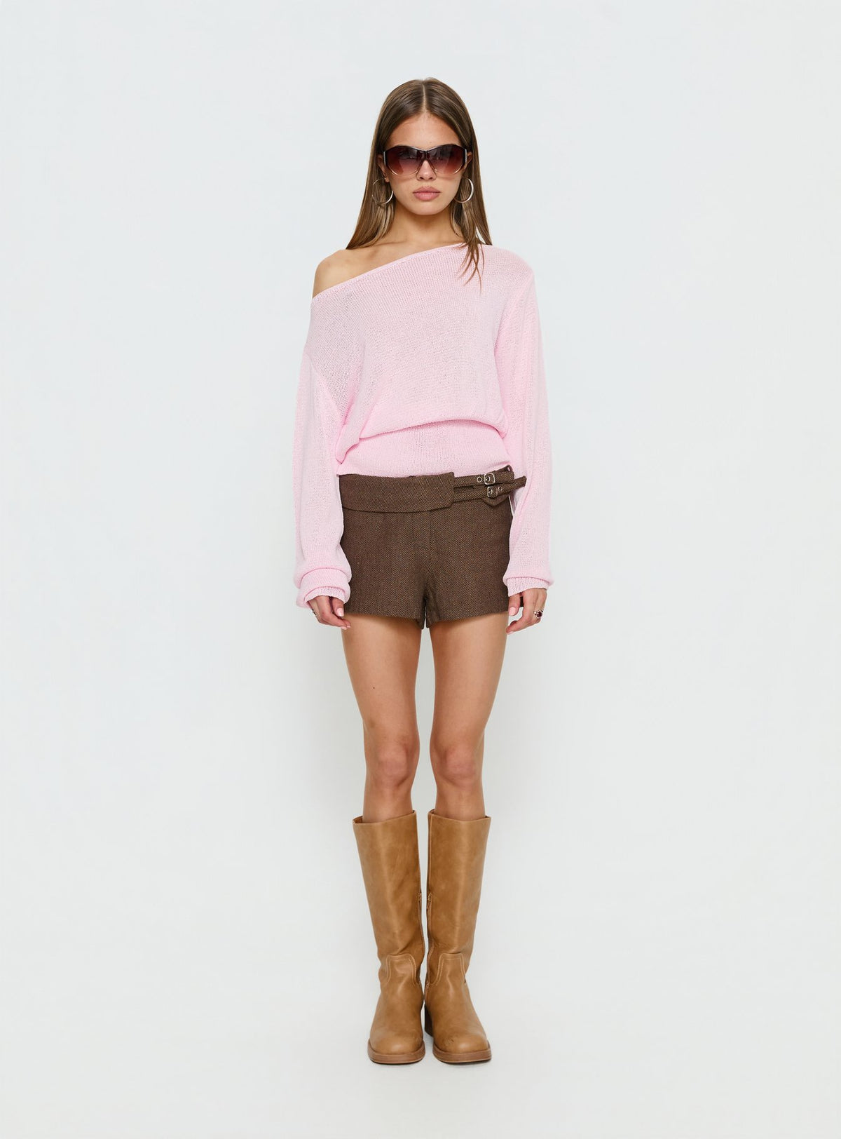 side view of model wearing Princess Polly Xaria Off Shoulder Knit Sweater Pink regular 