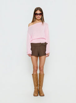 side view of model wearing Princess Polly Xaria Off Shoulder Knit Sweater Pink regular 