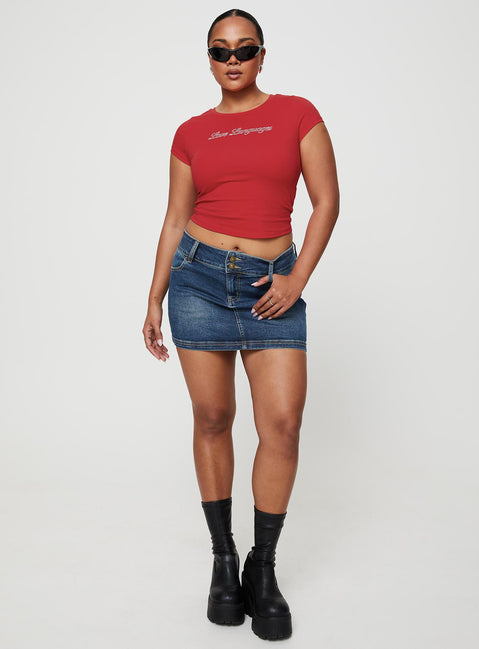   front view of model wearing Princess Polly Faya Low Rise Mini Denim Skirt Vintage Dark Wash Tall Mini Skirts 