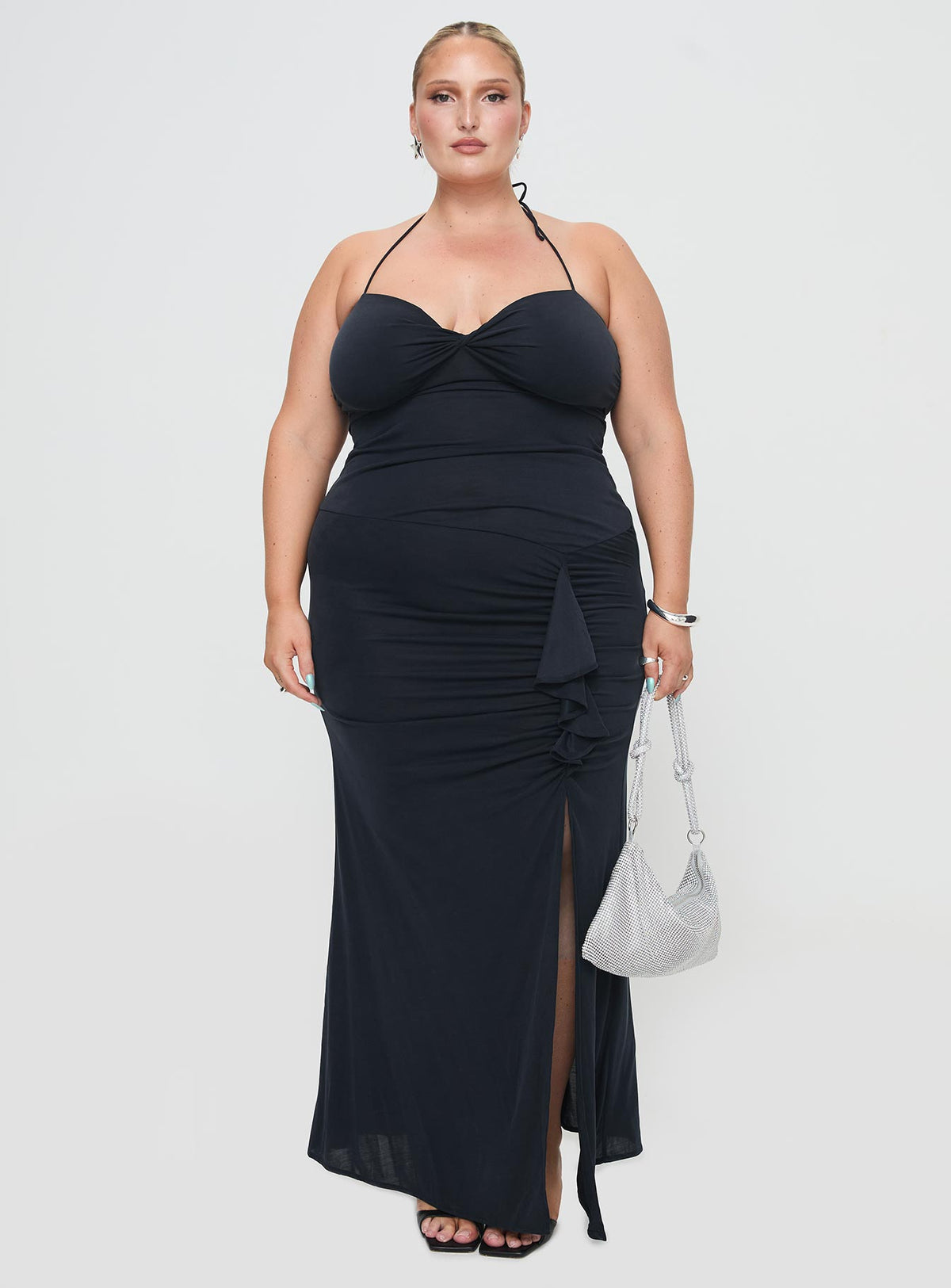 front view of model wearing Princess Polly Destinations Maxi Dress Navy Curve Sweetheart Neckline 