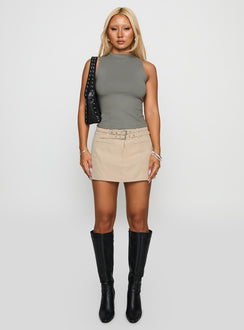 side view of model wearing Princess Polly Healing Energy Funnel Neck Top Grey Sleeveless High Neck 