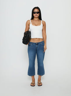 Showcasing Hierarchy Low Rise 3/4 Length Jeans Mid Wash in womens-jeans with low-rise waist front view of model wearing Princess Polly