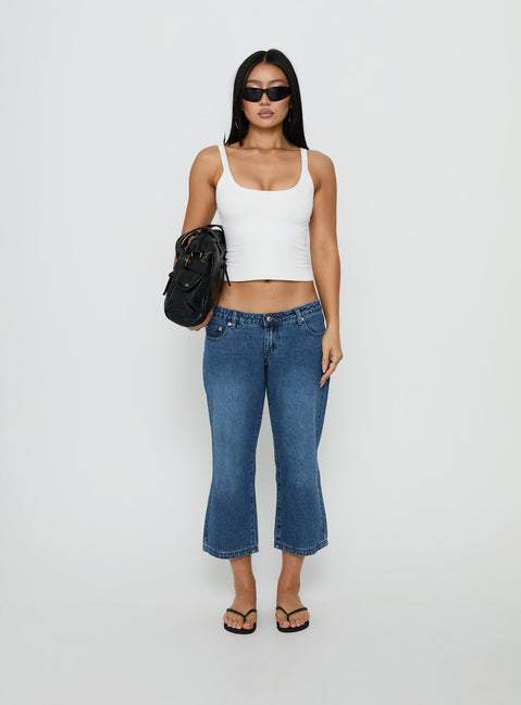 Showcasing Hierarchy Low Rise 3/4 Length Jeans Mid Wash in womens-jeans with low-rise waist front view of model wearing Princess Polly