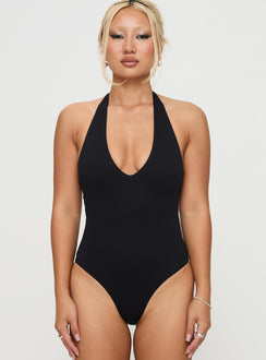 front view of model wearing Princess Polly Someone New Halter Bodysuit Black Tall Sleeveless Bodysuit 