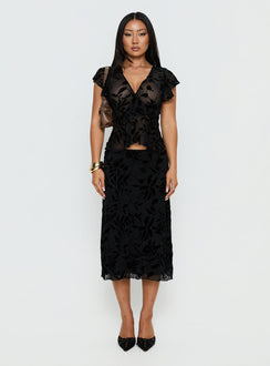   front view of model wearing Princess Polly Atira Midi Skirt Leaf Flower Black Midi Skirts Skirts 