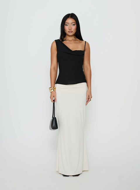 Showcasing the Liorah Foldover Waist Maxi Skirt Cream in womens-skirts with maxi length front view of model wearing Princess Polly