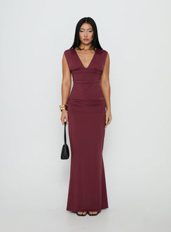 Showcasing the Liorah Foldover Waist Maxi Skirt Red in womens-skirts with a maxi length front view of model wearing Princess Polly