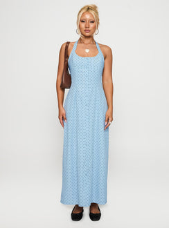 front view of model wearing Princess Polly Mallorie Halter Maxi Dress Blue / Black Polka Scoop Neck 
