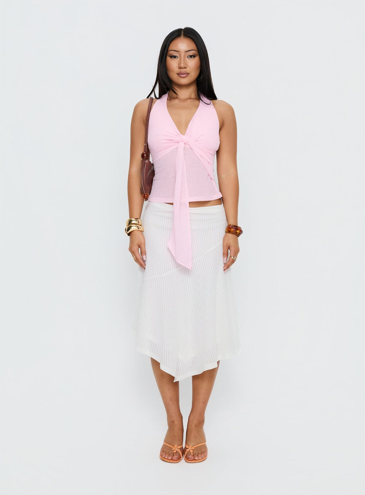   side view of model wearing Princess Polly Adrea Asymmetrical Midi Skirt White Midi Skirts 