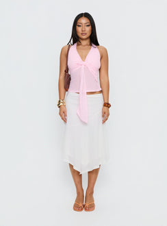  side view of model wearing Princess Polly Adrea Asymmetrical Midi Skirt White Midi Skirts 
