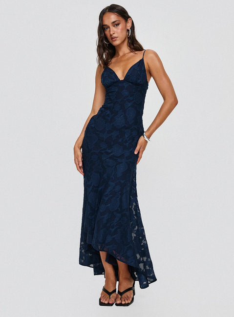 front view of model wearing Princess Polly Cyrene Maxi Dress Navy Plunger 