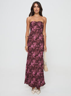 front view of model wearing Princess Polly Abeila Strapless Maxi Dress Burgundy Sweetheart Neckline 