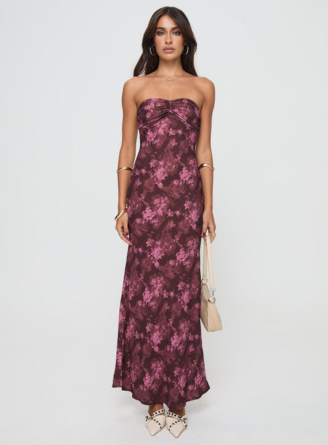 front view of model wearing Princess Polly Abeila Strapless Maxi Dress Burgundy Sweetheart Neckline 