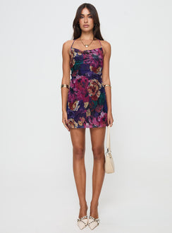 front view of model wearing Princess Polly Celena Mini Dress Multi Floral Cowl Neck 
