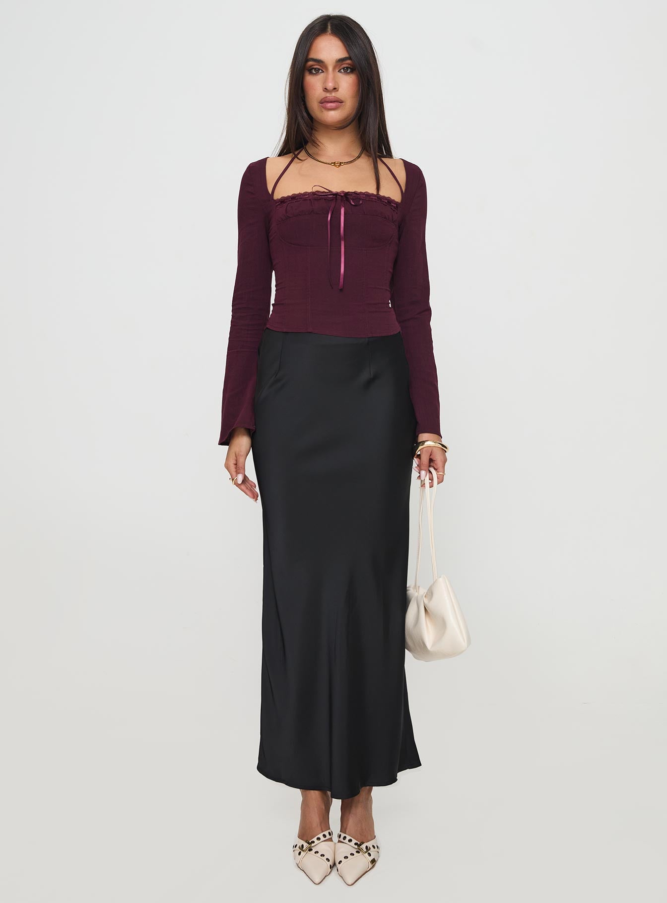 front view of model wearing Princess Polly Trynia Long Sleeve Top Burgundy Full Sleeves Square Neck 