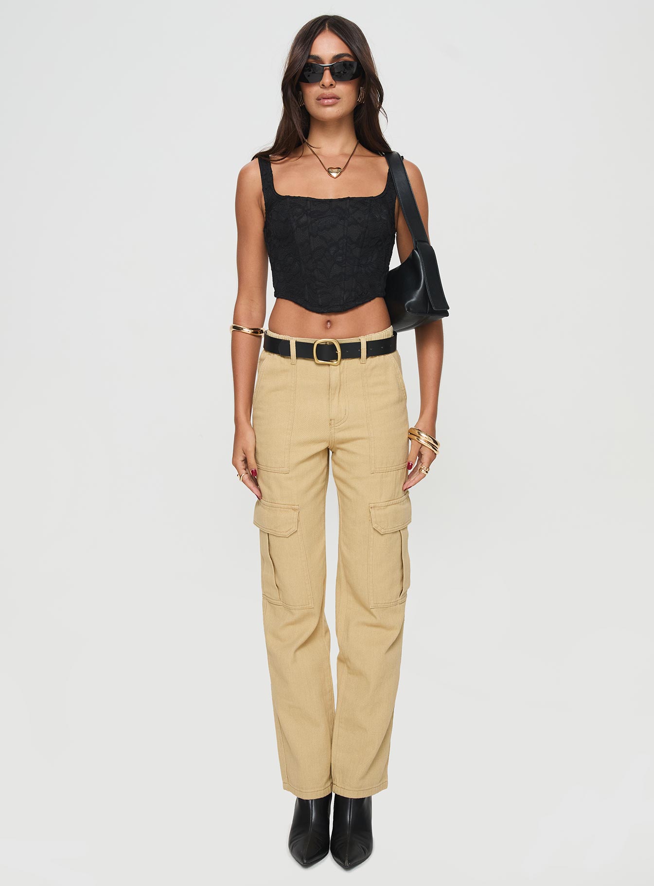 front view of model wearing Princess Polly Nickei Utility Cargo Pants Beige Mid Rise 