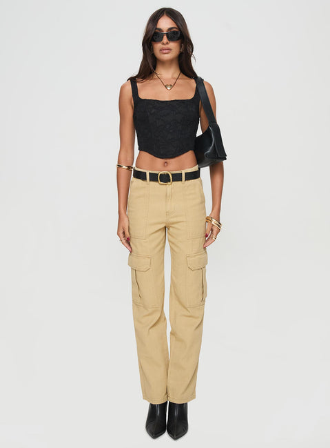 front view of model wearing Princess Polly Nickei Utility Cargo Pants Beige Mid Rise 