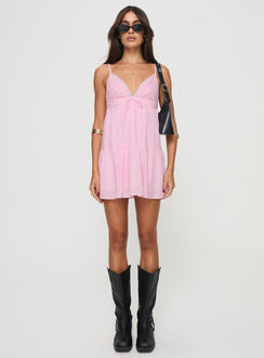 front view of model wearing Princess Polly Nicoletta Mini Dress Light Pink Plunger 
