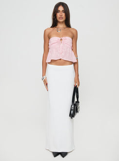 side view of model wearing Princess Polly Rosenberg Strapless Top Pink Sleeveless Sweetheart 