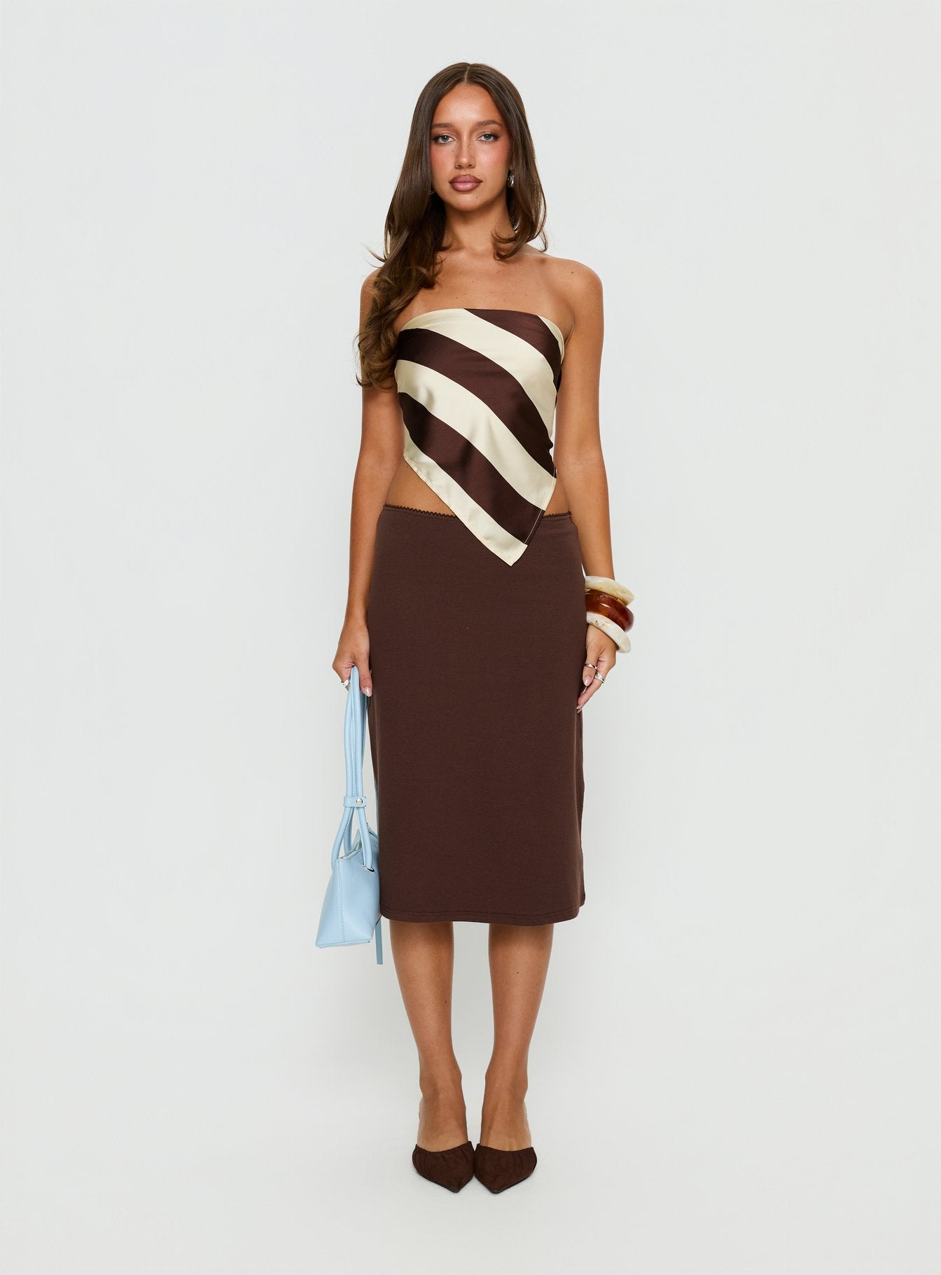   front view of model wearing Princess Polly Baseline Rib Midi Skirt Chocolate Midi Skirts 