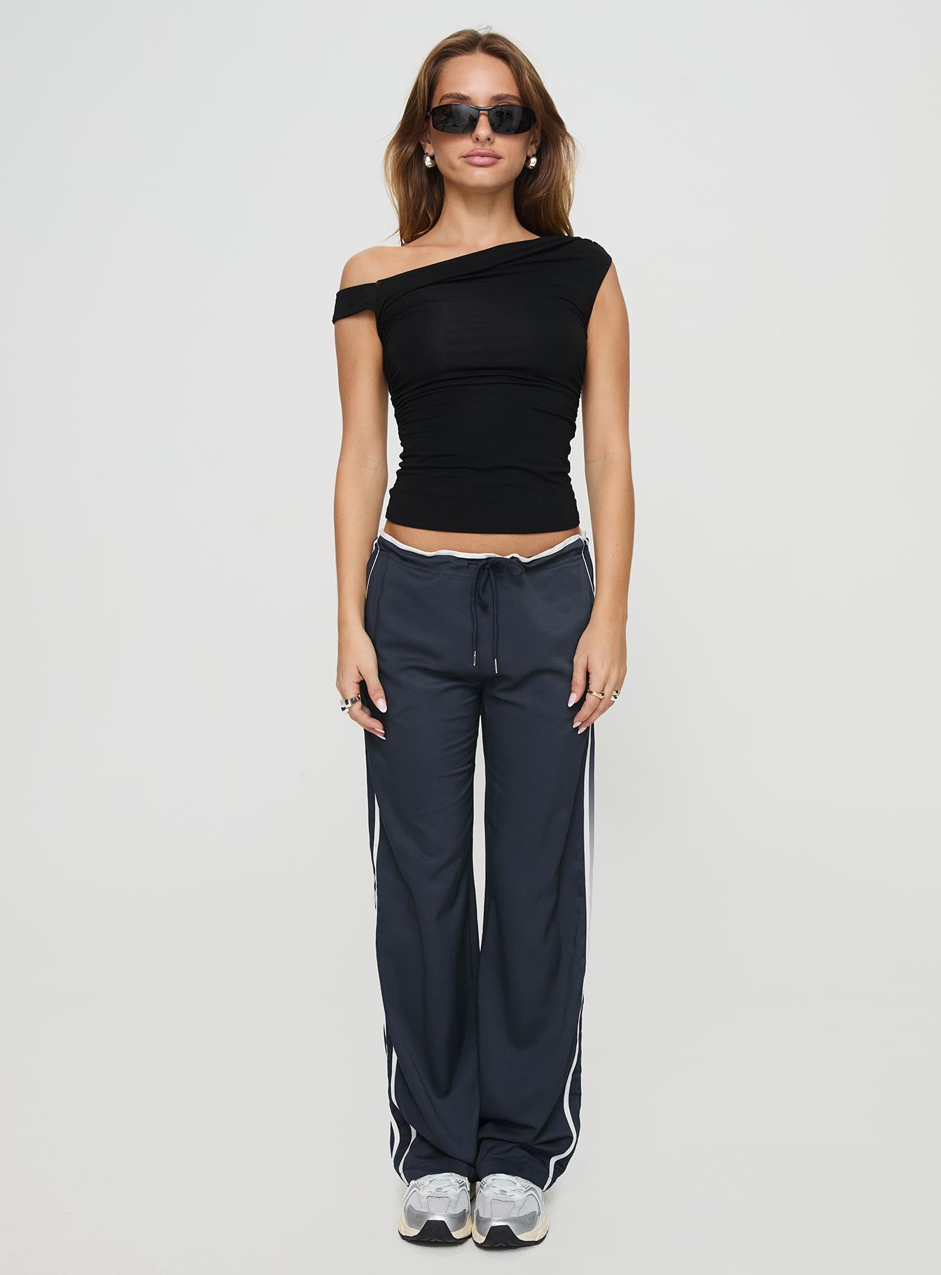 front view of model wearing Princess Polly Maranie Pants Navy/ White High Waisted Pants 