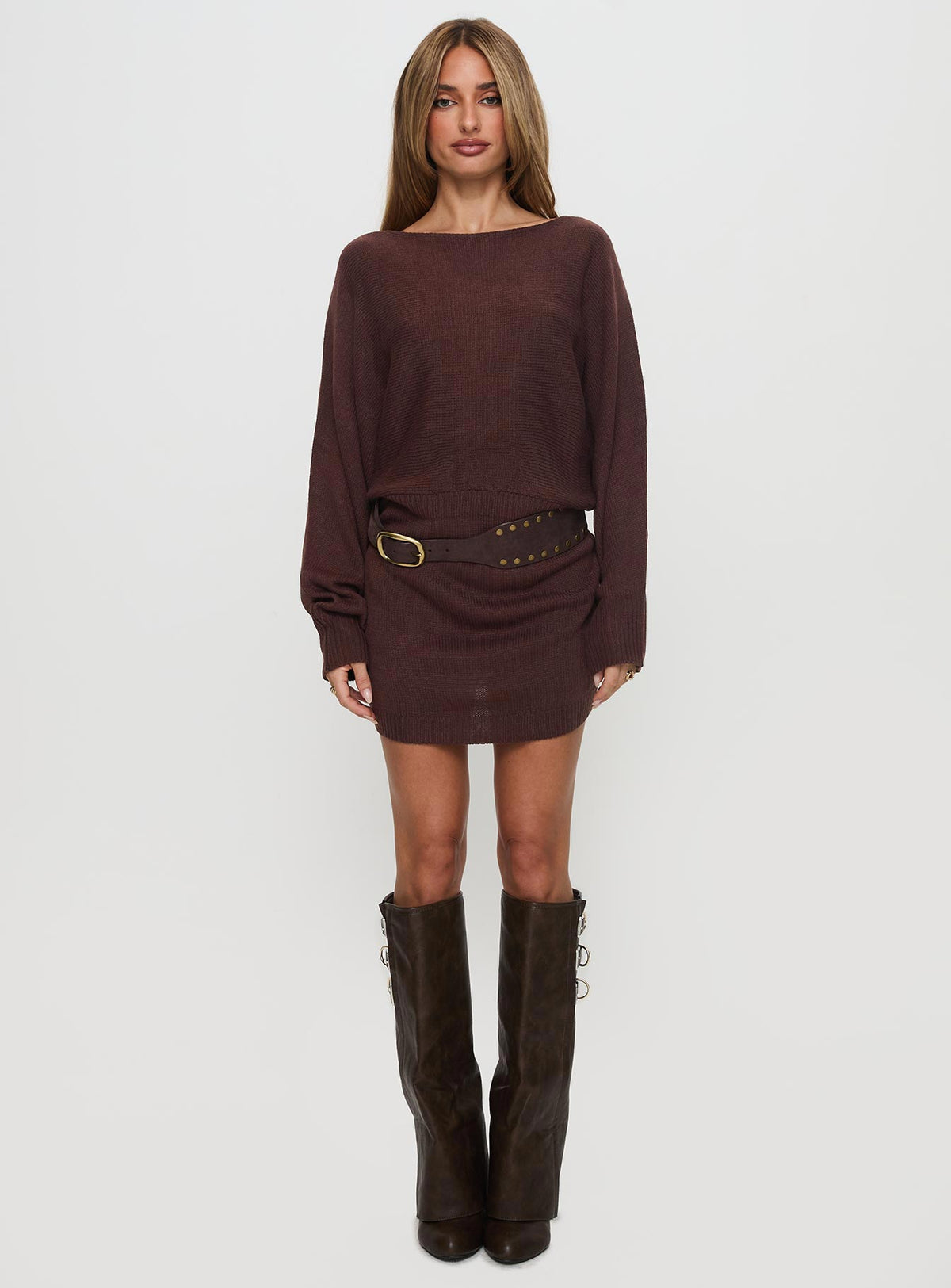 side view of model wearing Princess Polly Bellamie Long Sleeve Mini Dress Chocolate Boat Neck 
