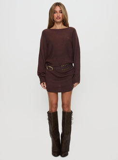side view of model wearing Princess Polly Bellamie Long Sleeve Mini Dress Chocolate Boat Neck 